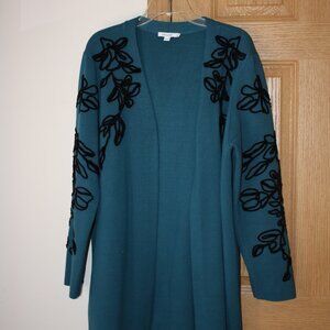 Chico's Cardigan Turquoise w/ Black Flower Embroidery size 3 US XL